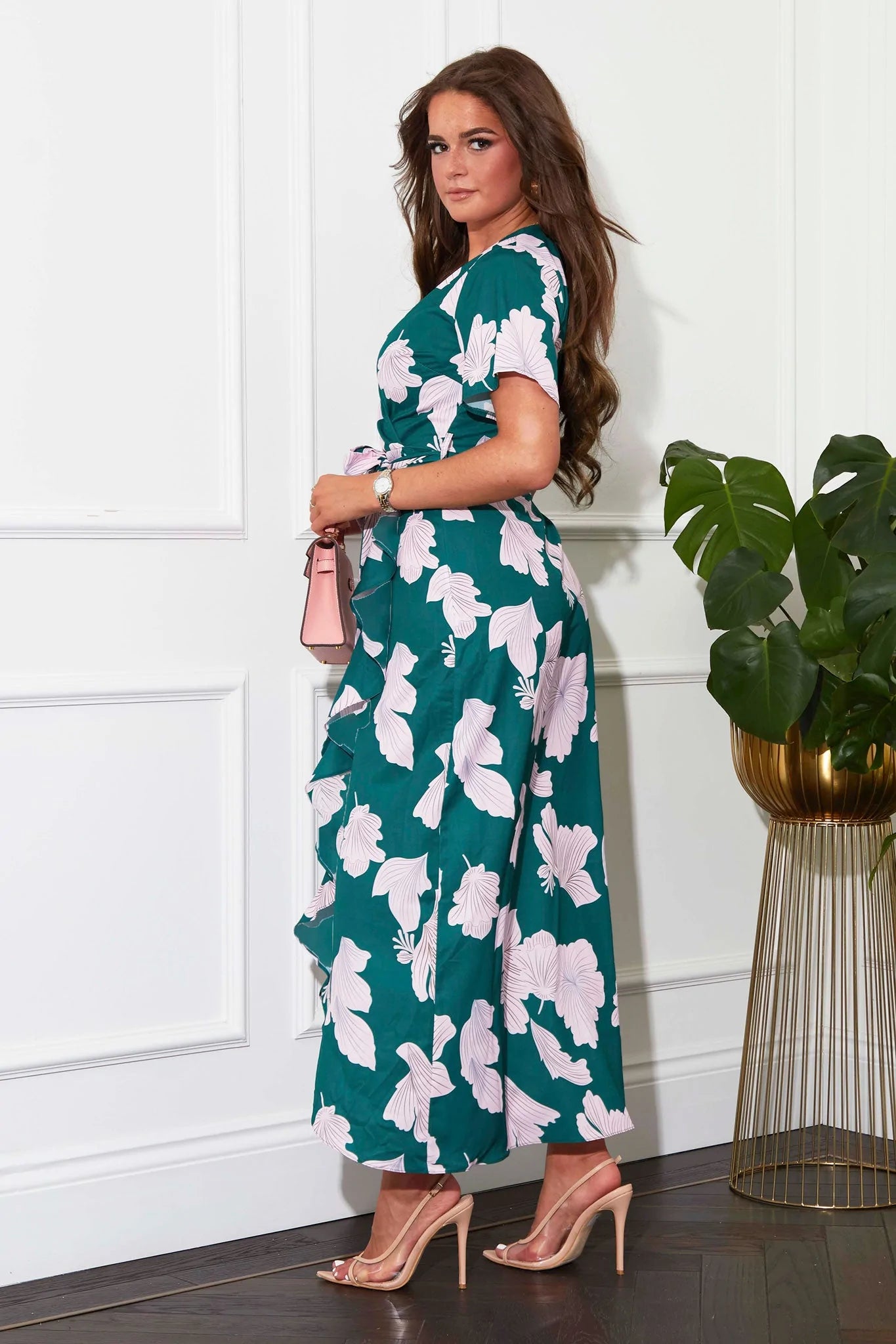 Yvonne Green & Pink Floral Frill Hem Midi Dress